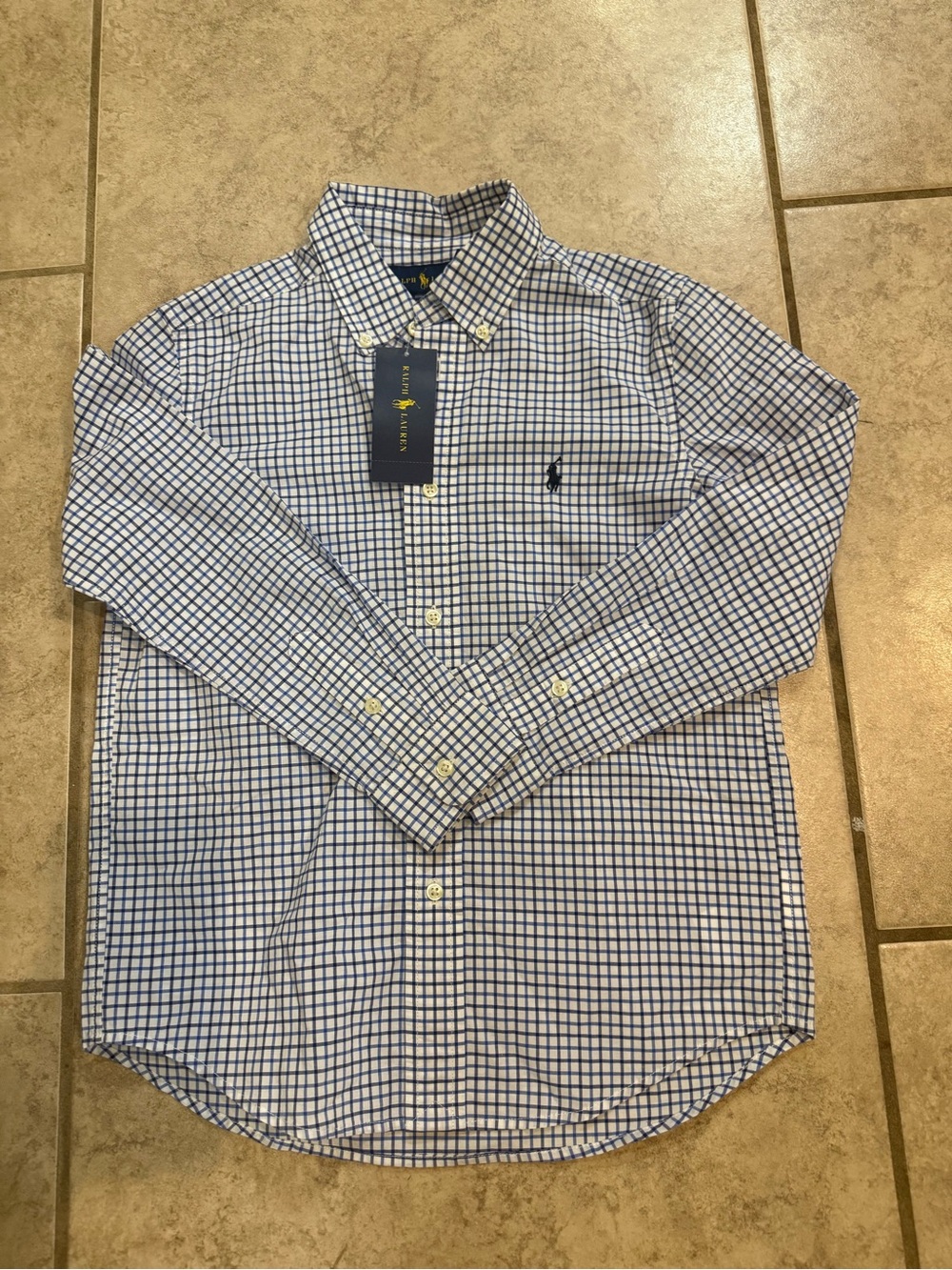 NWT Ralph Lauren White and Blue Grid Button-Down Dress Shirt